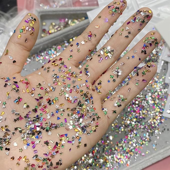 3000Pcs Colour Nail Charms 3D French Petite Nail Rhinestones Colorful Nail Gems Multi Shape Crystal Exquisite Mini Heart Star Glitter Nail Art Charms Cute Nail Supplies Decoration for Women Acrylic