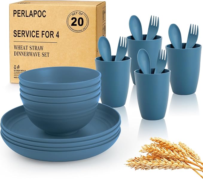 Wheat Straw Dinnerware Sets for 4, Reusable Plastic Dinner Plates, Unbreakable by Perlapoc