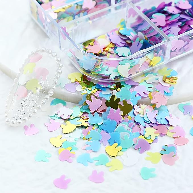 Rabbit Nail Art Glitter Sequins, 3D Animal Rabbits Nail Flakes Designs, Holographic Easter Laser Rabbit Acrylic Nails Supplies for Women Girls Manicure Decorations, DIY Body Makeup Crafts Kit