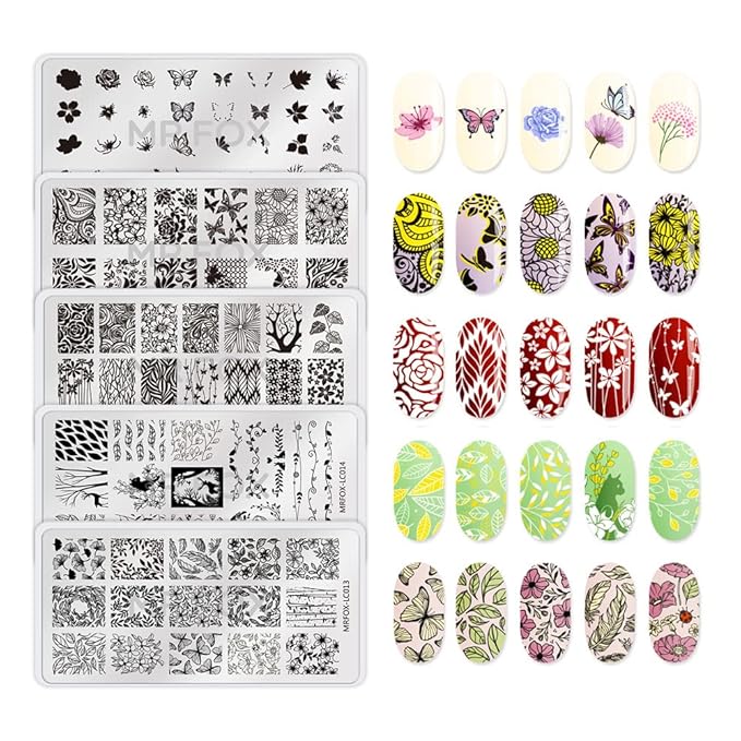 MR.FOX Nail Stamping Plate Set, 5Pcs Nail Art Stamp Kit Templates for Women with Plenty of Images