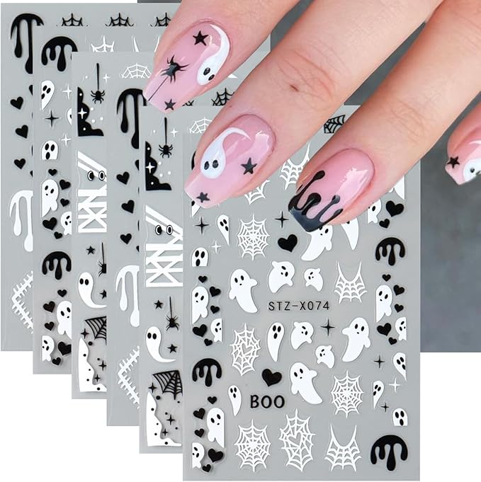 Halloween Nail Art Stickers Halloween Ghost Spider Web Nail Decals 6PCS Cute Ghost Love Heart Spider Web Boo Spider Blood Drip Self-Adhesive Nail Art Supplies Manicure Stickers for Holiday Nail Design