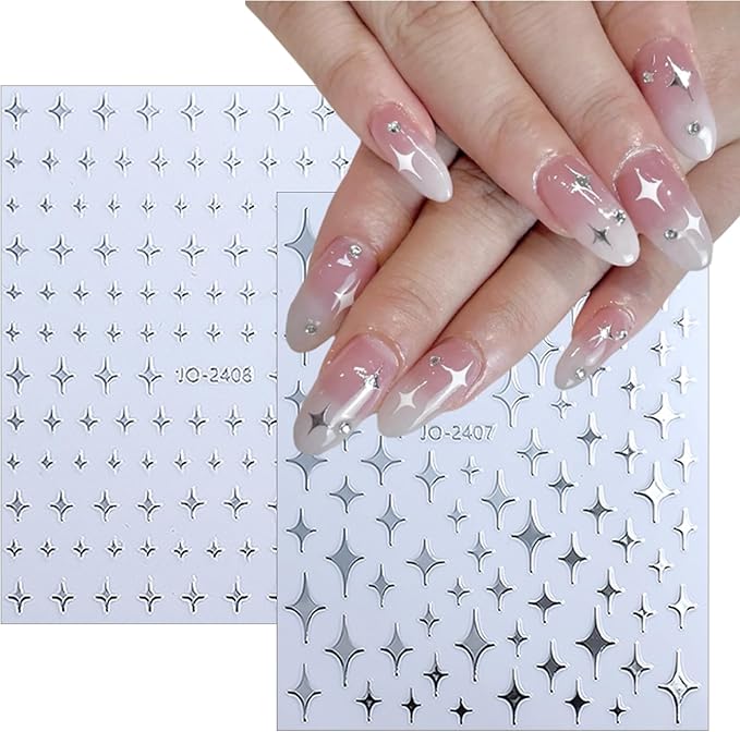 6 Sheets Metallic Mirror Star Nail Art Stickers 3D Shiny Silver Hollow Out Heart Nail Decals French Silver Glitter Star Moon Nail Designs Sticker for Women DIY Manicure Decoration