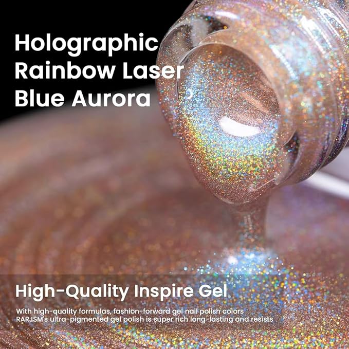 RARJSM Blue Aurora Cat Eye Gel Nail Polish Holographic Rainbow Laser Iridescent Glitter Sparkle Cat Eye Gel Polish with Magnet Stick Soak off UV LED Curing Requires Home Salon Diy Nail Art