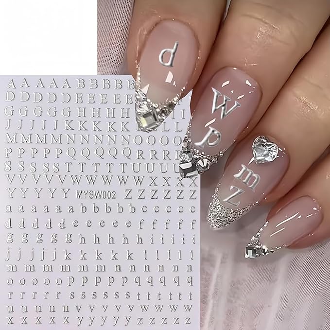 8 Sheets Letter Nail Stickers - 3D Self-Adhesive English Alphabet Nail Decals - Black, White, Gold, Silver - Big & Small Letter Nail Art Design Stickers for DIY Acrylic Nail Art Decorations & Charms