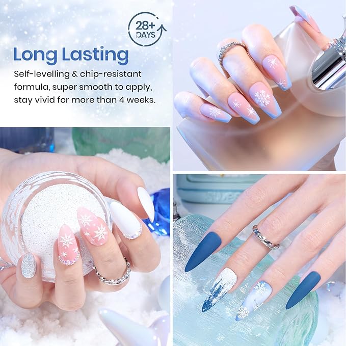 Beetles Winter Gel Polish Set, Glitter Snowflakes Collection Christmas Polish Set, White Glitter Navy Blue Silver Nails Color Gel Soak off UV LED Lamp Gift for Christmas