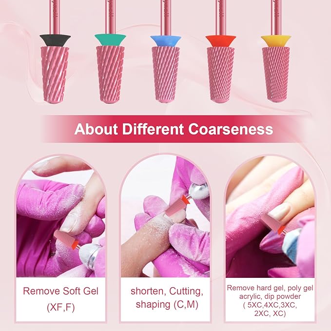 3/32" Large Tapered Smooth Top Bit Tungsten Carbide Nail Drill Bit Safety Bit for Gel & Acrylic Removal, 2- Way Rotating Efile Tip, Salon Electric File Accessory (F Girt, Rose Red)