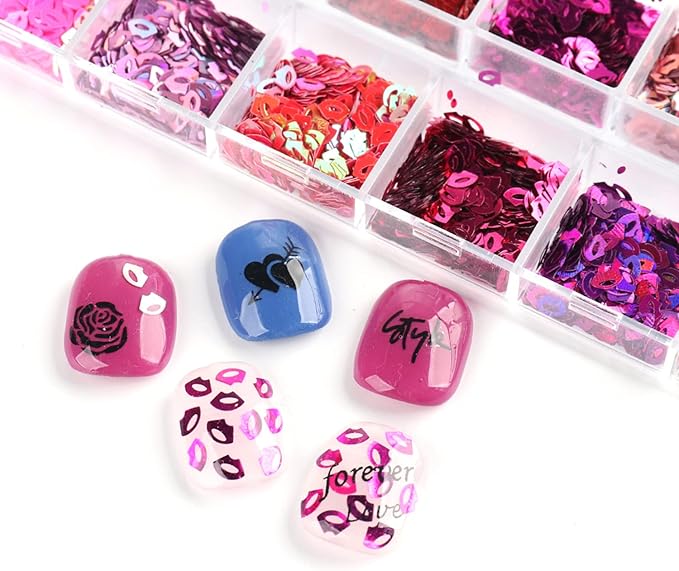 Lips Glitter Nail Art Sequins, 3D Sparkly Mouth Shaple Nail Flakes Designs, 12 Colors Sexy Lips Nail Glitters Supplies for Women Girls Manicure Powder Charms Decorations, DIY Shiny Nail Art Tips