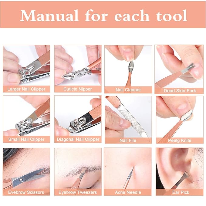 Professional Manicure Pedicure Set 12in1 Nail Care Kit with Stainless Steel Nail Clippers Cuticle Trimmer Grooming Manicure Pedicure Tools for Women Ultra Sharp Sturdy Personal Care Tools Travel Case