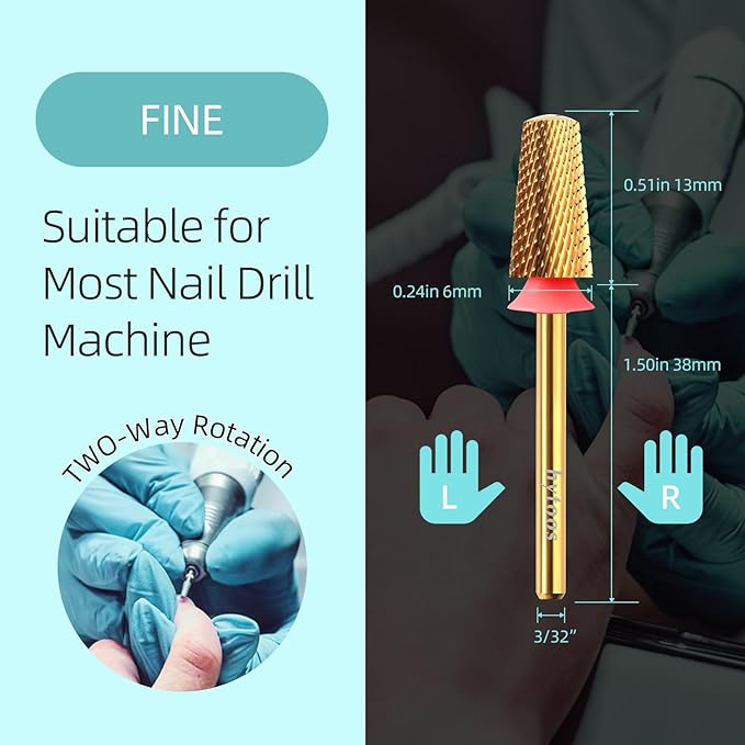 Fine Safety Tapered Nail Drill Bits,Titanium Coating Rounded Top Barrel Carbide Nail Bits, 3/32 Two-way Rotate, Manicure Nails Art Accessories Soft Gel Remover (F, titanium)