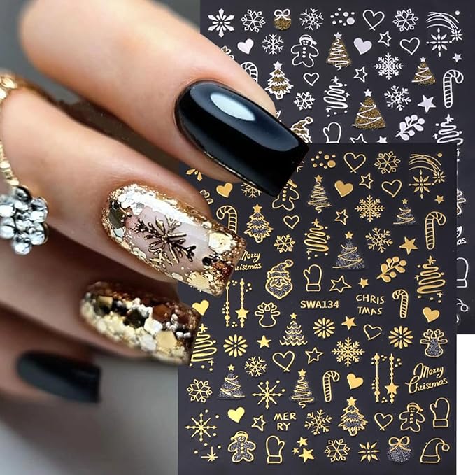 Christmas Nail Art Stickers Decals Winter Snowflake Tree Christmas Nail Stickers 6PCS Gold Silver Crystal Ball Candy Elk 3D Self-Adhesive Xmas Nail Decals Nail Art Supplies for Women Nail Decorations