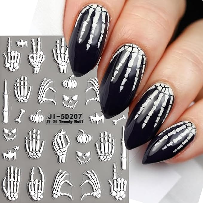 Halloween Nail Art Stickers Decals 5D Embossed Finger Bone Nail Decals 3PCS Fantasy Bone Pumpkin Bat Design Halloween Nail Stickers Nail Art Supplies for Women Holiday DIY Manicure Decorations