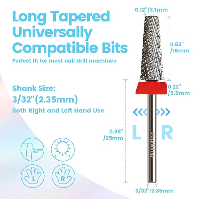 16mm 5 in 1 Tapered Barrel Nail Drill Bits, 3/32'' Safety Tungsten Carbide Bits, Right & Left Rotation, Manicure Cuticle Gel Acrylic Removal Polishing, Technicians Bits, Fine.