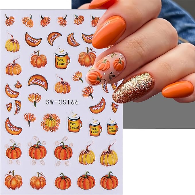 Fall Maple Leaves Nail Art Stickers for Thanksgiving, Fall Pumpkin Nail Decals 3D Self-Adhesive with Maple Leaves Design 6Pcs Fall Glitter Nail Art Supplies for Women Nail Decoration