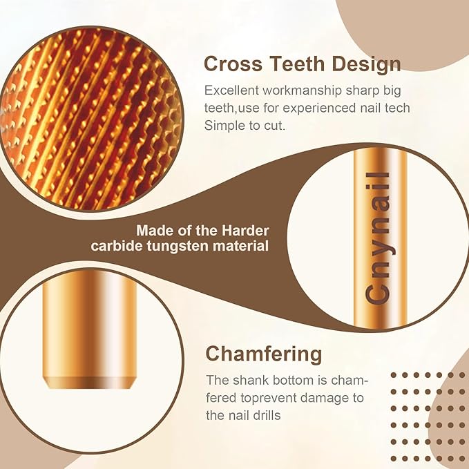 3/32" Large Barrel Crystal Top Tungsten Carbide Nail Drill Bit Safety Bit for Gel & Acrylic Removal, 2-Way Rotating Efile Tip, Salon Electric File Accessory (M Grit, Ti-Gold)