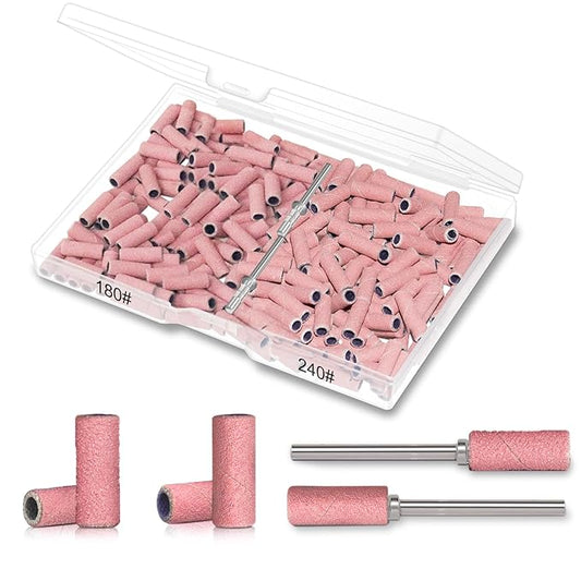 BLESWIN 200pcs #180#240 Grit Small Sanding Bands for Nail Drill with 2pcs 3/32’’ Upgrade Mandrels Bits, Mini Sanding Bands for Nail Drill for Manicure Nail Salon and Nail Enthusiasts Use – Pink