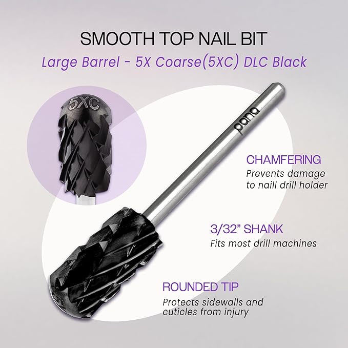 PANA 3/32" Large Smooth Round Top Safety Carbide Nail Drill Bit for Gel Polish & Acrylic Removal Nail Salon Manicure Pedicure Electric File Tools (Large Barrel - DLC Black, 5X Coarse)