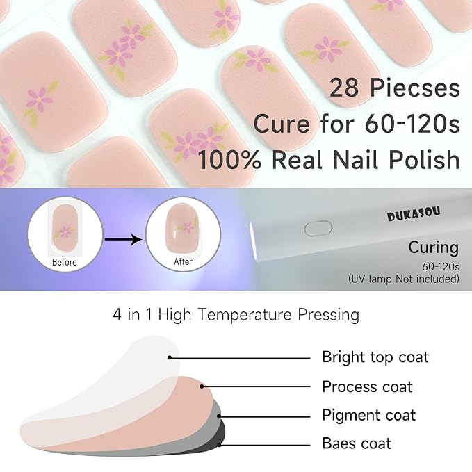 Semi Cured Gel Nail Strip, Wild Chrysanthemum | 28 pcs Gel Nail Strips Work with Any UV Lamp, Salon Quality UV Nails Stickers, Easy to Apply for Home Nails DIY