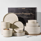 Stoneware Dinnerware Sets for 8, Reactive Glaze Plates & Bowls, Shell Beige | by FamiwarePremium