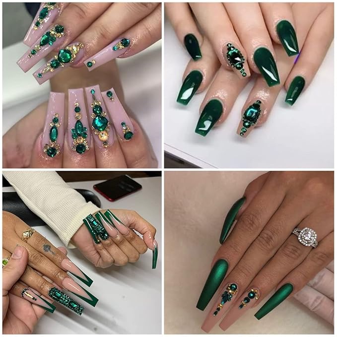 2052Pcs Emerald Green Nail Art Rhinestones Kit Green Nail Charms Multi Shapes Crystal Flatback Rhinestones Big Gems + Round Beads Glass Stones Diamonds jewels for Nails Faces Eyes Makeup Crafts