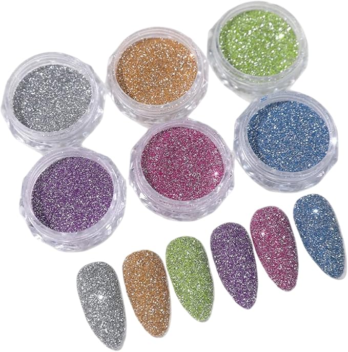 6 Colors Glitter for Nails, 1g Nail Powder Rainbow Silver Gold Green Purple Pink Blue for Nails Holographic Decorations for Nail Art Tips Manicure
