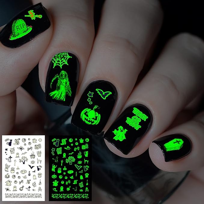 TailaiMei 10 Sheets Glow in The Dark Halloween Nail Stickers, Fluorescent Design Kids Nail Decals, Self-Adhesive DIY Nail Art Tips for Women Manicure
