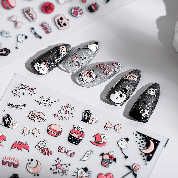 Cute Halloween Nail Art Stickers 5D Self-Adhesive Moon Star Nail Decals Kawaii Ghost Nail Stickers Halloween Candy Heart Spider Web Design Embossed Nail Supplies Decoration for Women Girls DIY