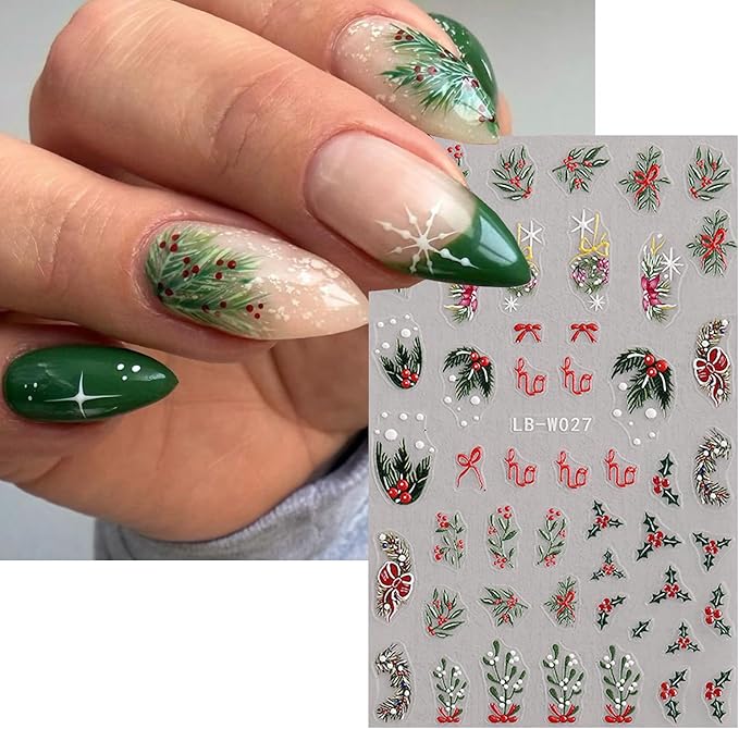 4Sheets Christmas Nail Art Stickers 3D Embossed Xmas Tree Elk Nail Decals for Acrylic Nails Self-Adhesive Holly Leaves Designs Nail Stickers Snowflake Star Nail Decal for Women Festive Manicure Decor