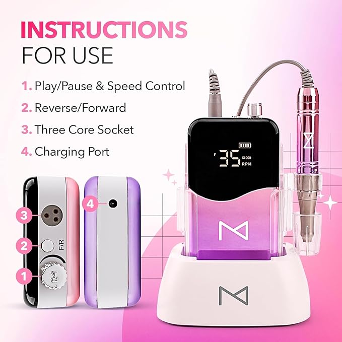 M Mase- Professional Nail Drill Machine - Coreless 2-in-1 Nail File - Electric, Cordless, 35000 RPM, HD Display - Electric Nail Drill for Professional & Home Use (Black)