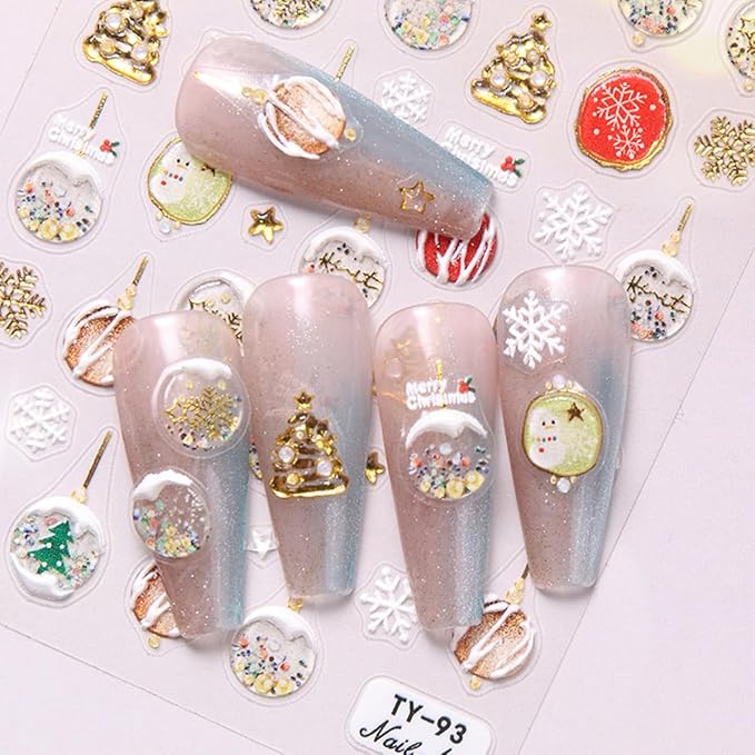 Christmas Nail Art Stickers 5D Embossed Light Balls Nail Decals with Xmas Tree Snowman Snowflakes Design Gold Glitter Nail Stickers Acrylic Nail Supplies for Women DIY Christmas Decorations 2 Sheets