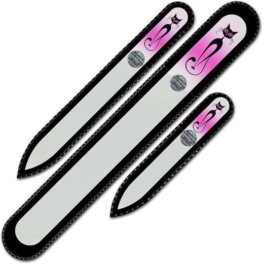 Mont Bleu Set of 3 Cats Crystal Nail Files hand decorated with crystals from Swarovski - Handmade - Czech Tempered Glass - Lifetime Guaranty - Glass Nail Files for natural nails - Best Gift for women