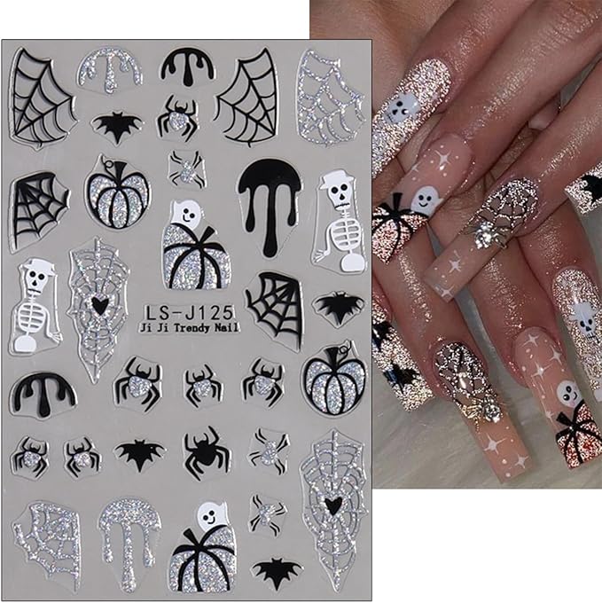 Silver Glitter Spider Nail Stickers,Halloween 3D Nail Decals Spiders Web Love Heart Glitter Flame Blood Drop Bat Star Moon Ghost Skull Design for Nail Art Halloween Supplies Manicure Decorations 6Pcs