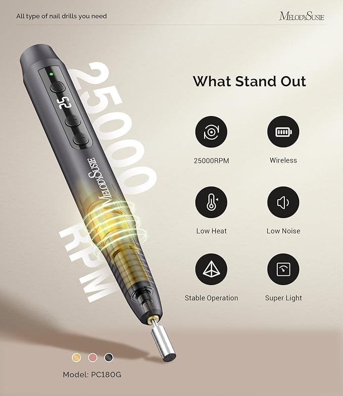 MelodySusie Cordless Nail Drill, PC180G 25,000RPM Rechargeable Electric Nail File with Nail Drill Bits,Sanding Bands