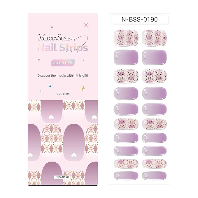 MelodySusie Semi Cured Gel Nail Strips, 20 PCS Gel Nail Stickers, Gel Nail Wraps, UV Light Required, Durable and Salon Quality (Purple Argyle Check)