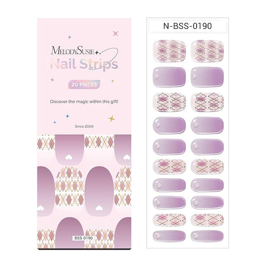 MelodySusie Semi Cured Gel Nail Strips, 20 PCS Gel Nail Stickers, Gel Nail Wraps, UV Light Required, Durable and Salon Quality (Purple Argyle Check)