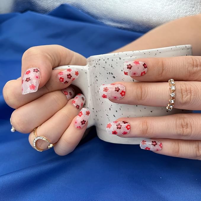 MOMSON Semi Cured Gel Nail Strips - 20 Real Gel Nail Polish Stickers/Full Nail Wraps - Art Manicure Kits for DIY at Home, Salon-Quality, Easy to Apply & Remove (Small Flowers, Orange, Red)