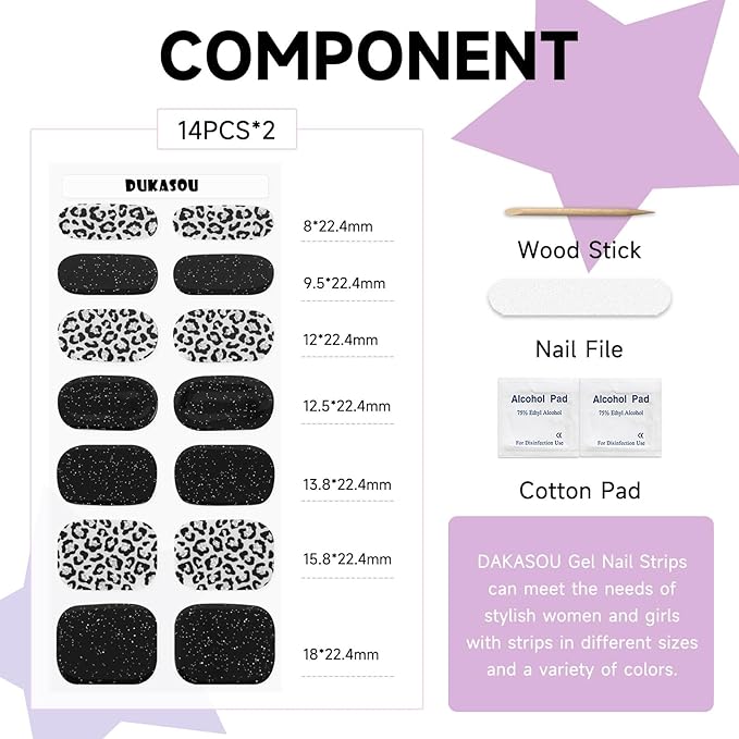Semi Cured Gel Nail Strips,28 pcs Gel Nail Stickers, Work with Any UV Lights, Long-Lasting, NailWraps for Women DIY Gift, Easy to Apply & Remove