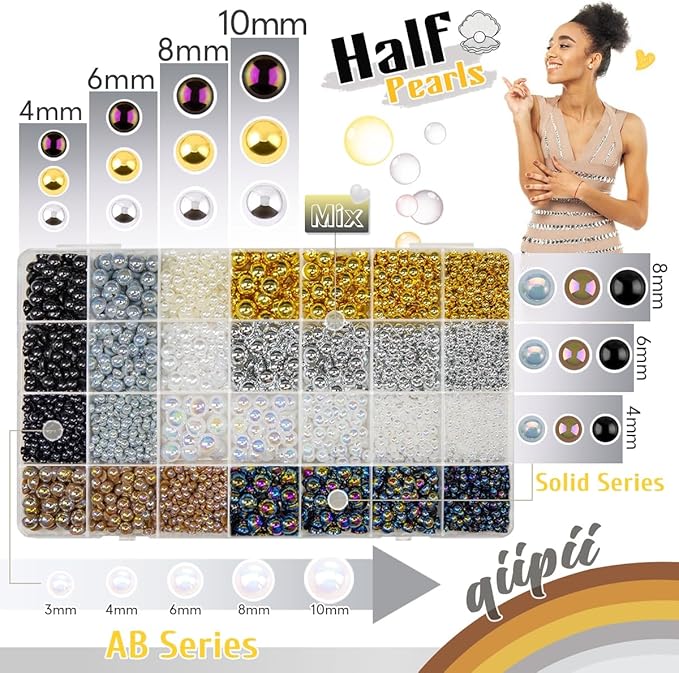 28 Types Flatback Half Pearls w B7000 Jewelry Glue for Bedazzling Crafting 3mm 4mm 6mm 8mm 10mm Colorful Golden Silver Black White AB Charms for Nails Face Eyes Makeup Crafts Tumblers Bottles
