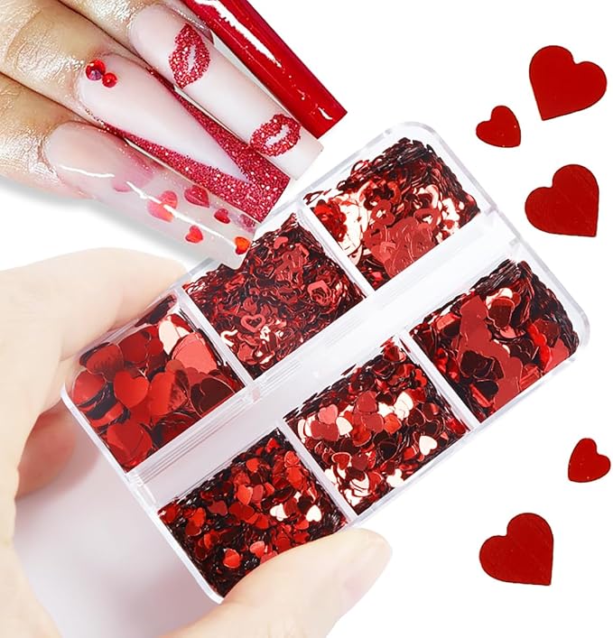 6 Grids Red Heart Nail Glitter Sequins Holographic Mixed Heart and Hollow Heart Nail Art Sequins Valentine's Day Laser Design Nail Charms Glitter Love Nail Flakes for Acrylic Nail Face Decor Supplies