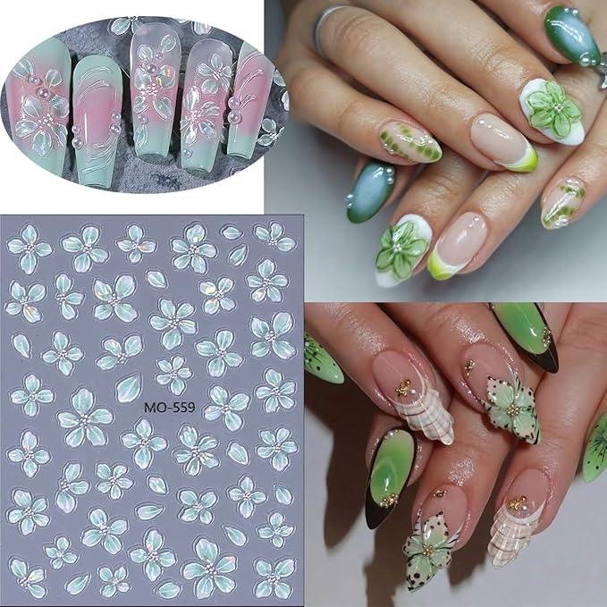 4Pcs Flower Nail Art Stickers 5D Embossed Blue White Purple Green Flower Nail Decals Holographic Spring Floral Nail Stickers Self Adhesive Summer Cute Nail Supplies Decor for Women DIY Acrylic Nails