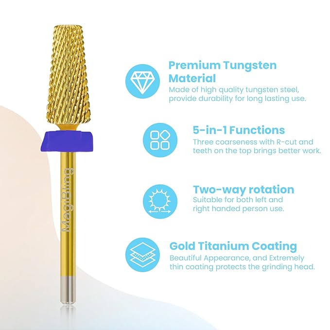 Professional 5 in 1 Tapered Nail Drill Bits, 3/32'' Safety Tungsten Carbide Bits, Remove Gel Fast Left & Right Hand Use, Easy for Beginner, Technicians Bits, Gold, Medium.