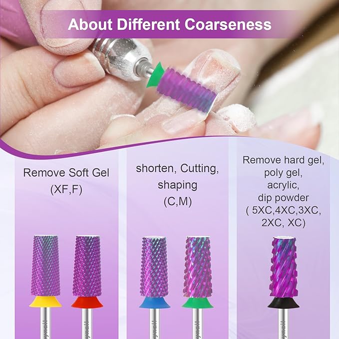 Cnynail 3/32" Large Tapered Barrel Flat Bit Tungsten Carbide Nail Drill Bit Safety Bit for Gel & Acrylic Removal, 2- Way Rotating Efile Tip, Salon Electric File Accessory (C Girt, Purple)