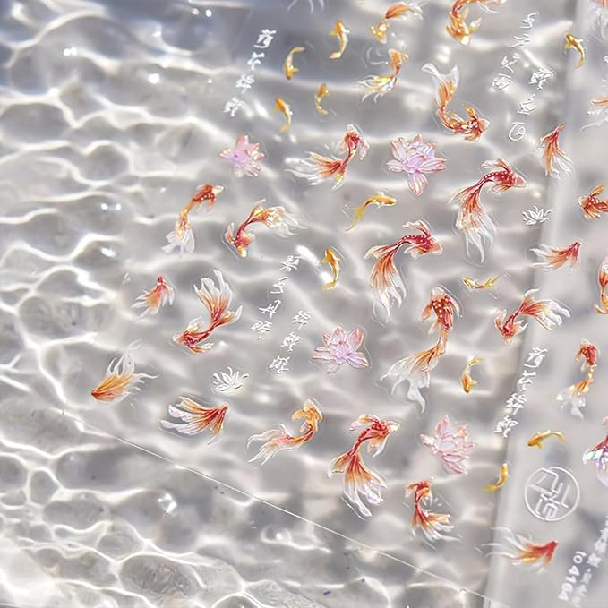 5D Embossed Nail Art Stickers Koi Fish Nail Stickers for Nail Art Koi Fish Nail Decals Self Adhesive Goldfish Nail Supplies Design for DIY Acrylic Nails for Women Girls