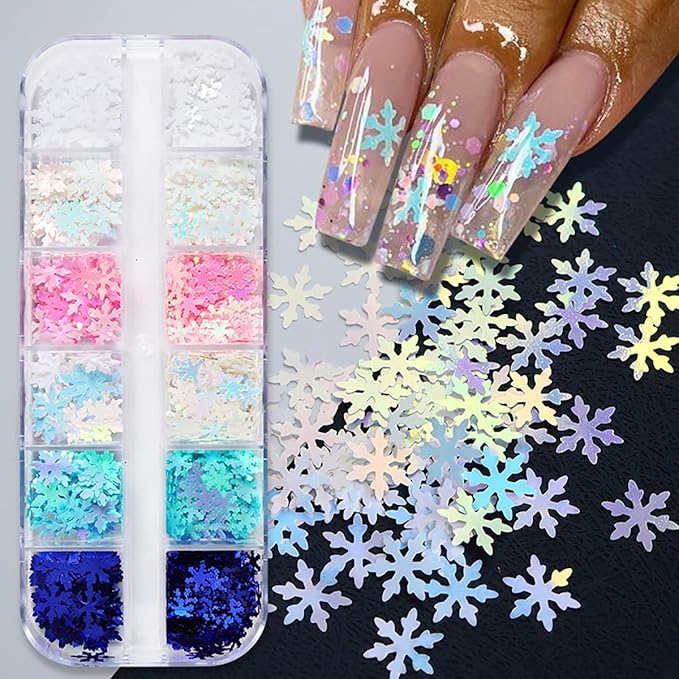 12 Grids 3D Snowflake Nail Glitter Sequins Holographic Laser Snowflake Nail Art Stickers Decals Christmas Nail Glitter Flakes Pink Blue White Snowflake Glitter Xmas Winter Nail Snow Glitter