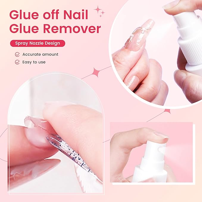 AIJIMEI Press on Nail Remover Kit Spray Nail Glue Remover with Crystal Rod NailPolish Remover Pads NailGlue Remover for Press On Nails for Easy Removal Debonder (60ml/2fl.oz)