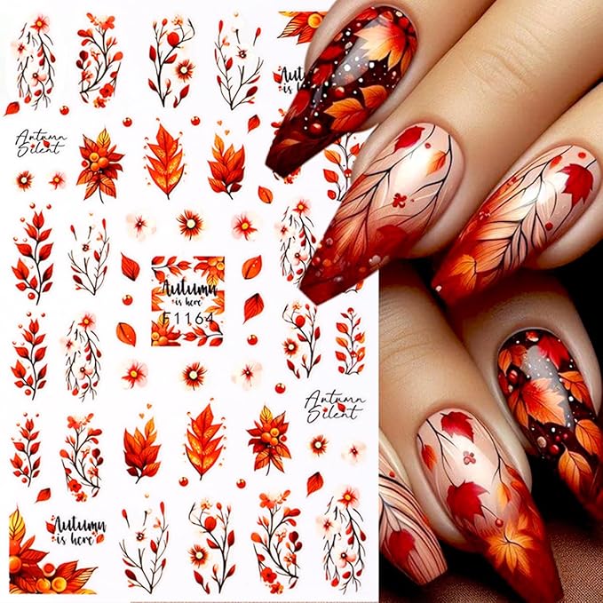 Fall Nail Art Stickers Decal 3D Maple Leaf Elk Pumpkin Self-Adhesive Nail Decals Thanksgiving Nail Stickers for Women DIY Manicure Autumn Party Nail Decorations Supply 6 Sheets