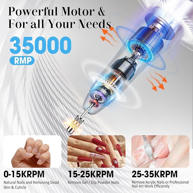 Nail Drill 35000RPM Electric Nail File Professional Dril Nails with 100pcs Sanding Bands and Nail Drill Bits for Acrylic, Gel Nail Manicure & Pedicure