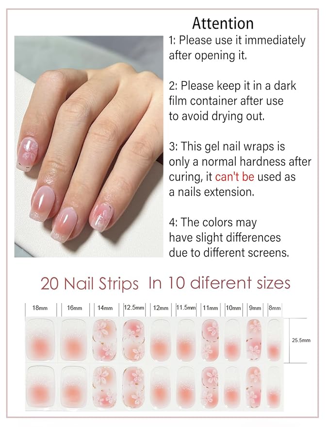 Sakura Semi Cured Gel Nail Strips: 20pcs Stickers, Wraps for Home DIY UV