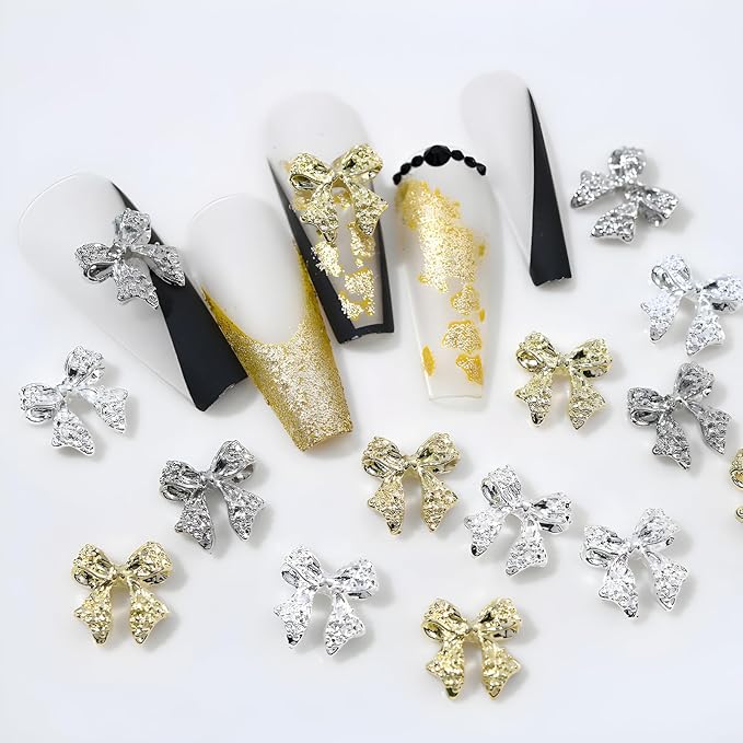 36 Pcs Bow Nail Art Charms 3D Alloy Bow Nail Charms Silver Gold Nail Rhinestones for DIY Acrylic Nails Metal Nail Gems for Women and Girls