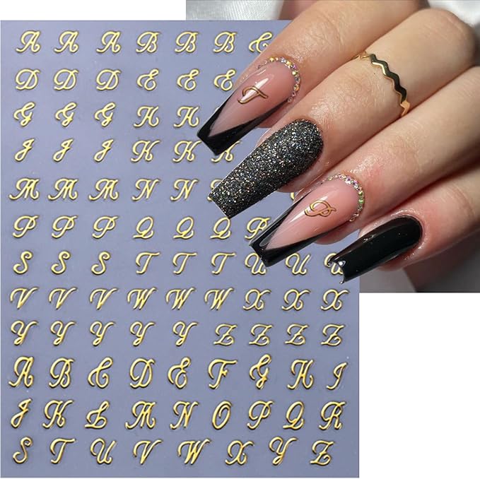 8 Sheets Letter Nail Art Stickers Old English Letter Nail Decals 3D Self-Adhesive Gold Silver Black White Retro Nail Decor Cute Nail Design Stickers Alphabet Cursive Nail Art Supplies for Women DIY