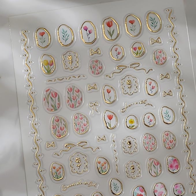 5D Embossed Flower Nail Sticker Tulip Irregular Geometric Frames Nail Designs Self Adhesive Nail Decals Gold Hollow Nail Art for Women Girls Manicure Supplies Nails Art Decorations
